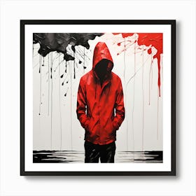 Shadowed Mystery in Red Jacket - Minimalist Drip Sumi E Art Poster