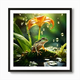 Magnified Single Drop Of Water Cradling A Miniature Ecosystem Tropical Forest With A Green Frog Per Art Print