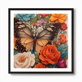 Butterfly And Roses Art Print