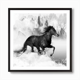 Ink Galloping Horse Black and White - Horse Running In The Fog Art Print