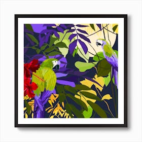 Parrots Amid Hibiscus Square Art Print