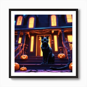 Halloween Cat In Front Of House 15 Art Print