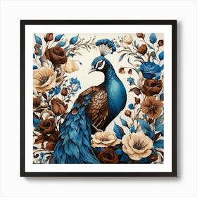 Floral Blue Brown Peacock Art Print 3 Art Print