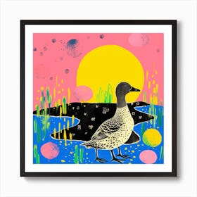 Duckling By The River Linocut Style 1 Art Print