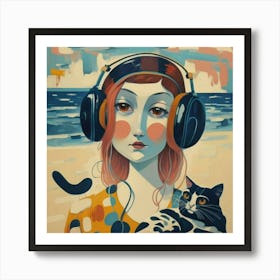 Girl With Headphones And A Cat 5 Art Print