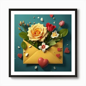 An open red and yellow letter envelope with flowers inside and little hearts outside 16 Art Print