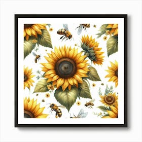 Sunflowers And Bees 1 Art Print