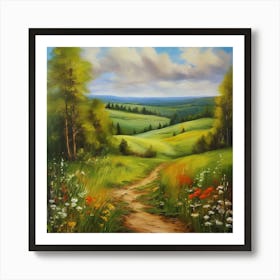 Painting.Canada's forests. Dirt path. Spring flowers. Forest trees. Artwork. Oil on canvas. Art Print