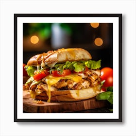 Chicken Sandwich On A Wooden Board 1 Art Print