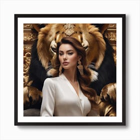 Beautiful Woman With A Lion Art Print