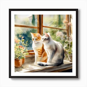 Two Cats On The Window Sill Art Print