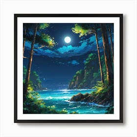 Moonlit Seascape With Luminous Waves Surrounded by a Forest at Night Art Print