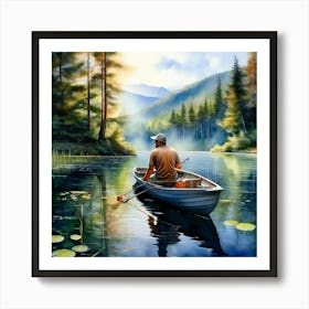 Watercolor Man Fishing In Boat On Lake Studio Photography Complex Details High Detail Art Print