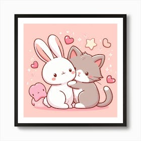 Cute Kawaii Cat And Rabbit Art Print