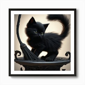 Black Cat With Broom Art Print