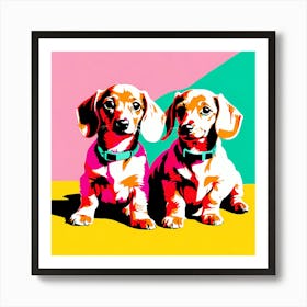 'Dachshund Pups', This Contemporary art brings POP Art and Flat Vector Art Together, Colorful Art, Animal Art, Home Decor, Kids Room Decor, Puppy Bank - 71st Art Print