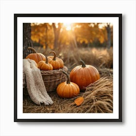 Vibrant Autumn Pumpkins In A Basket Art Print