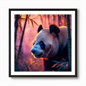 Closeup Of A Pandas Face Emerging From A Twilight Bamboo Forest Glowing Purple And Peach Hues Crea Art Print