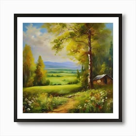 Landscape Painting.Canada's forests. Dirt path. Spring flowers. Forest trees. Artwork. Oil on canvas. Art Print