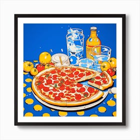 Pizza Cartoon Illustration Blue Checkerboard Art Print