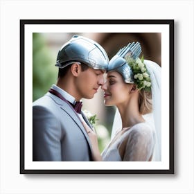 Wedding Couple In Silver Helmets Art Print