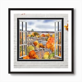 Open Window Window View Of Dublin Ireland In Autumn Fall, Watercolor Art Print Art Print