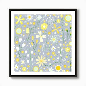 Yellow And White Wild Flowers on Blue Gray Art Print