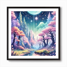 A Fantasy Forest With Twinkling Stars In Pastel Tone Square Composition 92 Art Print