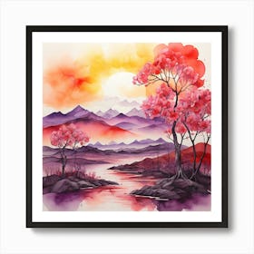 A Sunset By The Blossom Trees In The Mountains Art Print