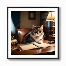 Cat Sitting At Desk Art Print