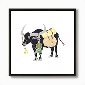 Buffalo With Compass And Camping Supplies, Fun Safari Animal Print, Square Art Print