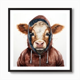 Watercolour Cartoon Cattle In A Hoodie 3 Art Print