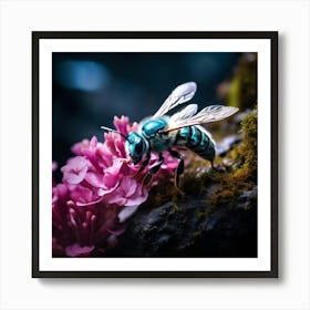up close sky blue bee on a black rock in a mystical fairytale forest, mountain dew, fantasy, mystical forest, fairytale, beautiful, flower, purple pink and blue tones, dark yet enticing, Nikon Z8 1 Art Print