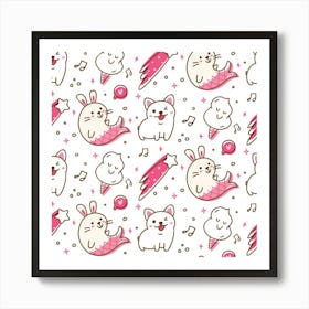 Cute Animals Seamless Pattern Kawaii Doodle Style Art Print