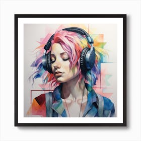 Girl With Pink Hair And Headphones Colourful Geometric Watercolour And Pencil Art Print