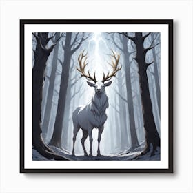 A White Stag In A Fog Forest In Minimalist Style Square Composition 15 Art Print