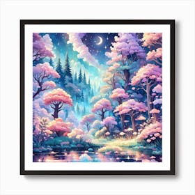 A Fantasy Forest With Twinkling Stars In Pastel Tone Square Composition 173 Art Print