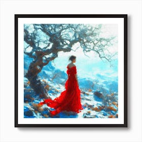 Painting of a woman by a tree in the mountains Art Print