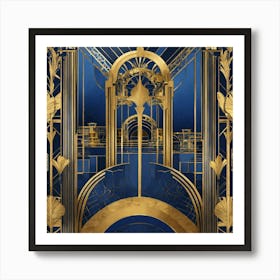 Art Deco Illustrations Blue Gold (3) Art Print