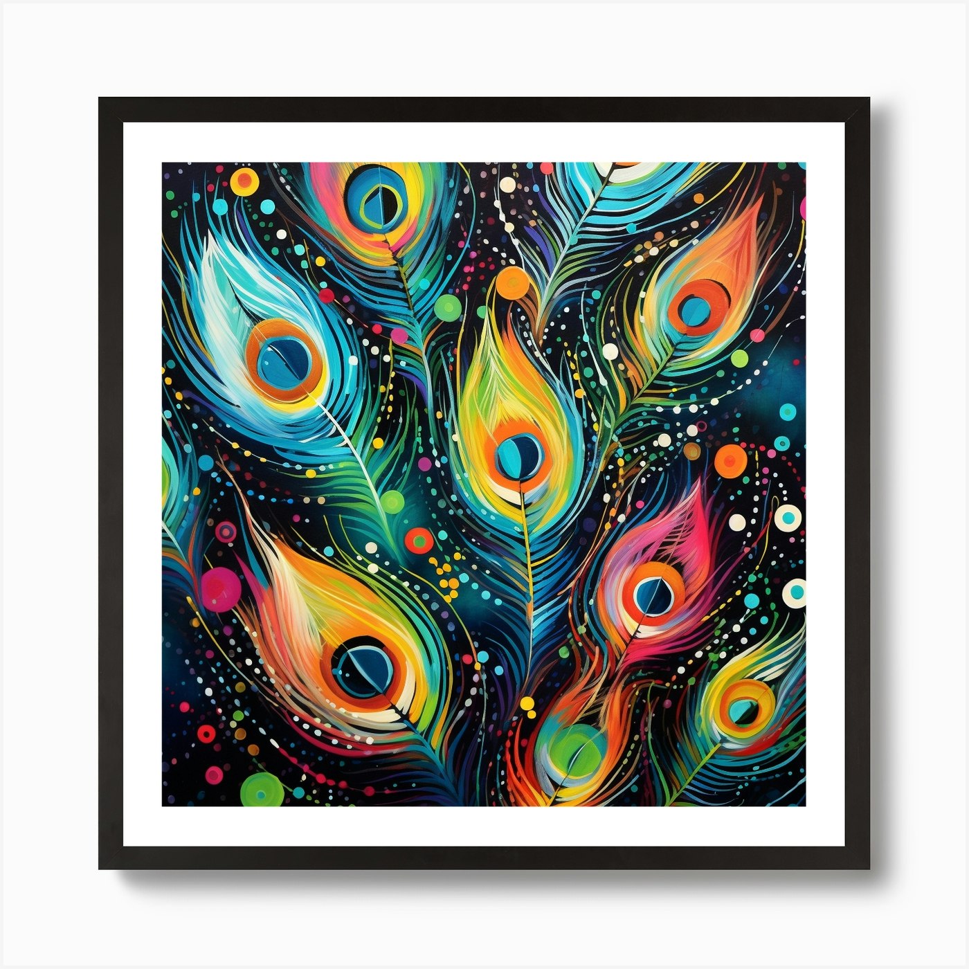 Vivid Peacock Feathers II | Large Stretched Canvas, Black Floating Frame Wall Art Print | Great Big Canvas