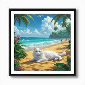 White Cat On The Beach Art Print