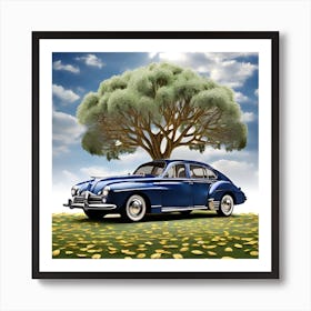 Blue Car Under A Tree Art Print