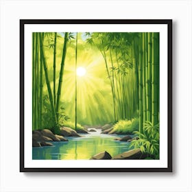 A Stream In A Bamboo Forest At Sun Rise Square Composition 241 Art Print