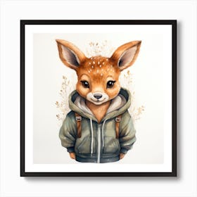 Watercolour Cartoon Deer In A Hoodie Art Print