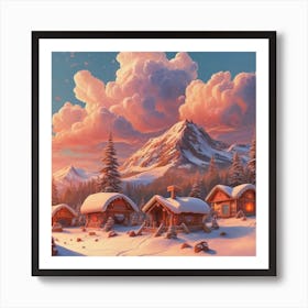 Mountain village snow wooden huts 5 Art Print