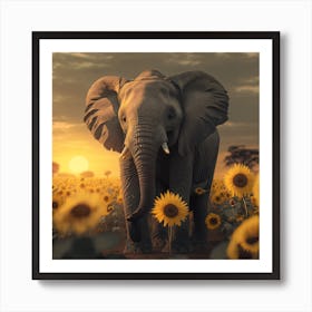 Elephant In Sunflower Field 1 Art Print