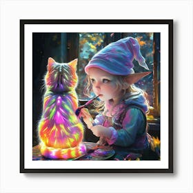 Cute Kawaii Gnome Girl Sitting And Painting Her Cats Back With Magic Brushstunning Masterpiece Art Print