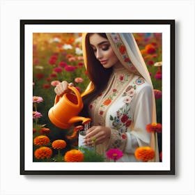 Beautiful Muslim Woman Watering Flowers Art Print