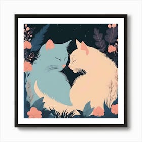 Silhouettes Of Cats In The Garden At Night, Blue And Peach Art Print