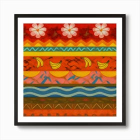 Colorful Abstract Pattern With Bands Of Flowers, Zigzags, Waves, Bananas, And Geometric Shapes Art Print